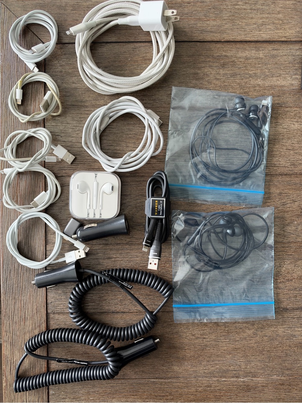 Apple White Lightning Cables, Earbuds & Black Car Chargers Bundle for IPhone